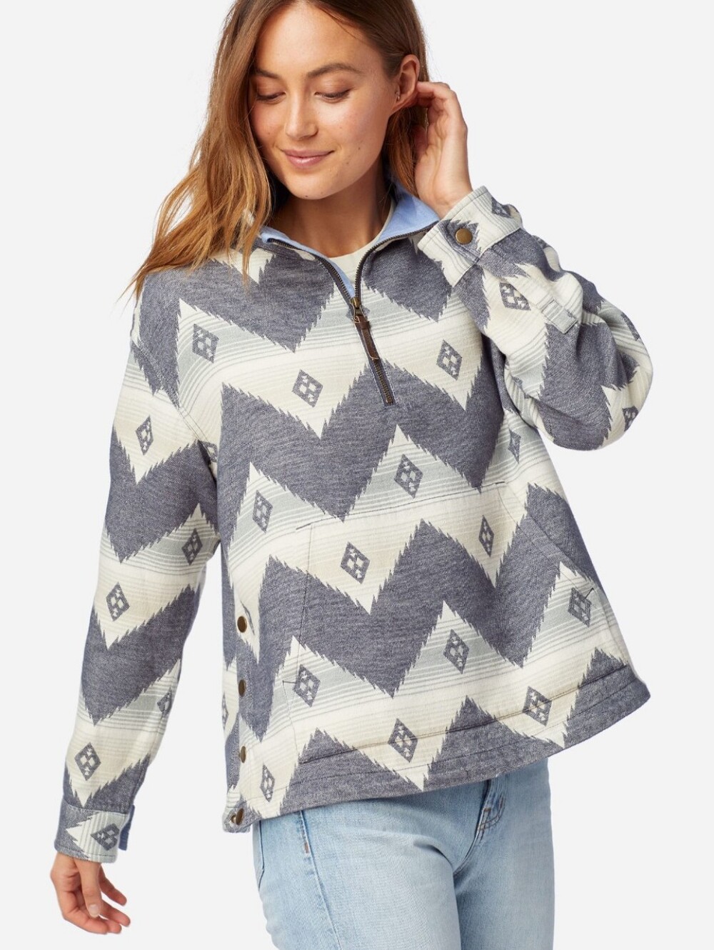 Pendleton 100% Cotton Doublesoft HALF-ZIP PULLOVER Sweatshirt Grey Aztec S Small